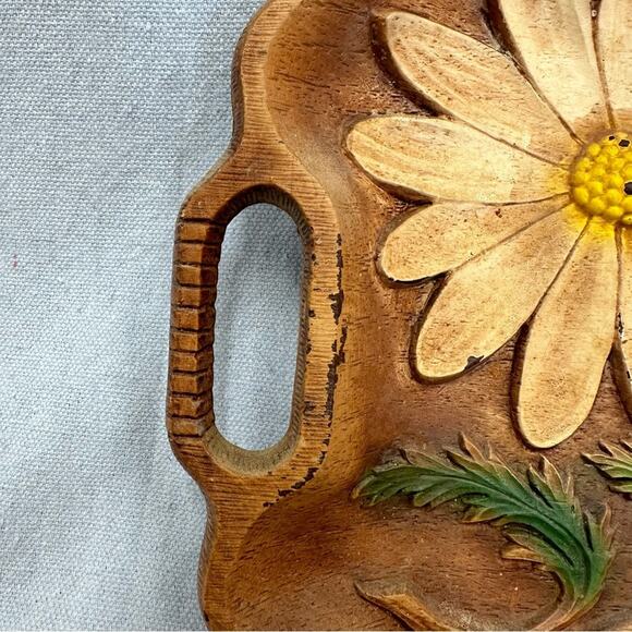 Vintage MCM scalloped wood look serving tray with raised painted floral pattern - Picture 2 of 16